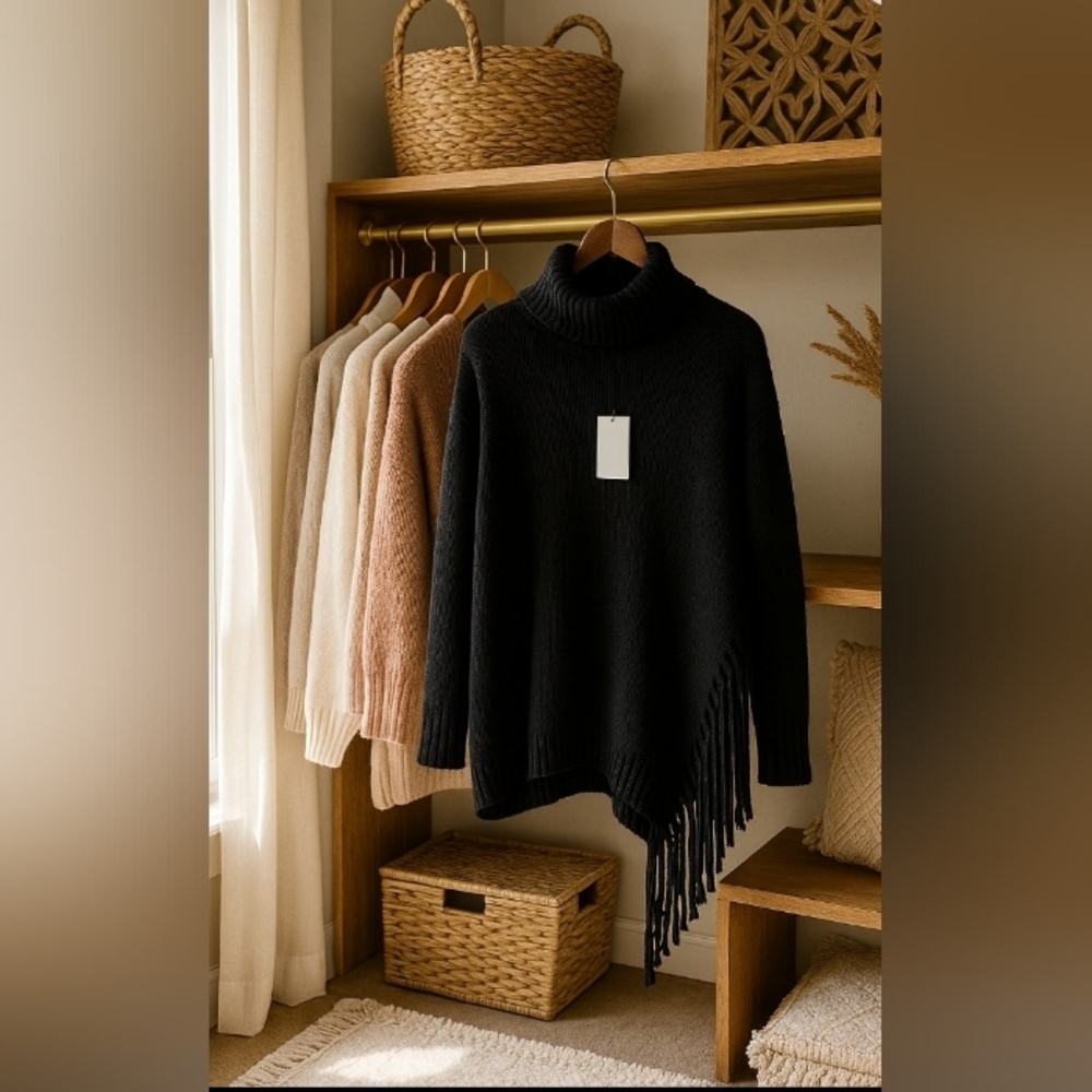 Boho Black Slouchy XL Fringe Knit Cozy Turtleneck Soft Artisy Sweater New